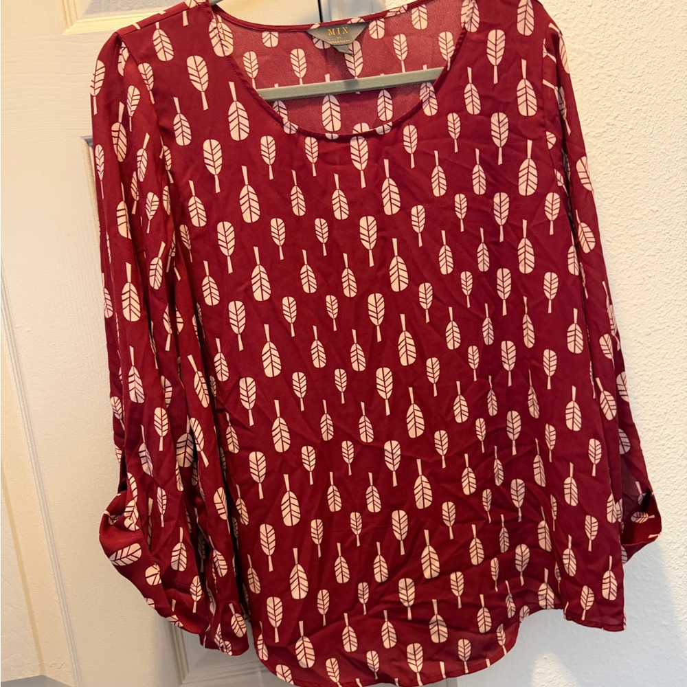 Maroon Leaf-Print Long Sleeve blouse